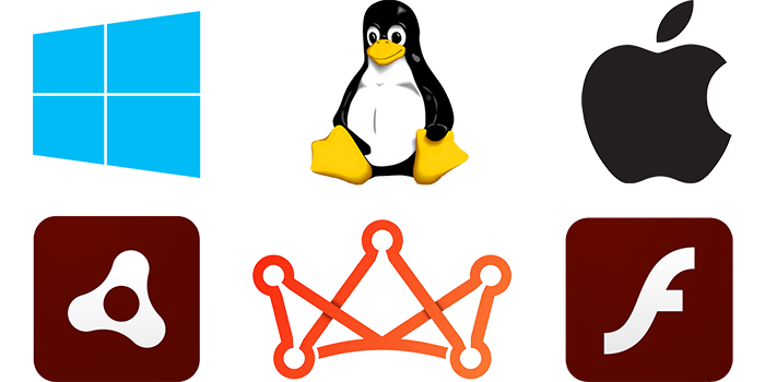 Microsoft Windows, Linux, Apple macOS, Apache Royale, Adobe Flash Player, and Adobe AIR logos