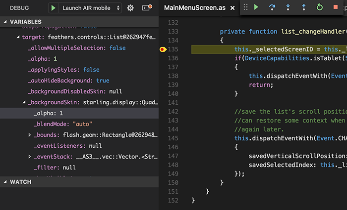 Screenshot of debugger stopped at a breakpoint
